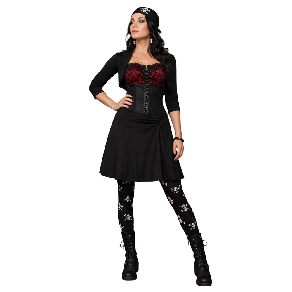 Goth Pirate Costume Bundle M/L Skull Corset Top Skirt Tights